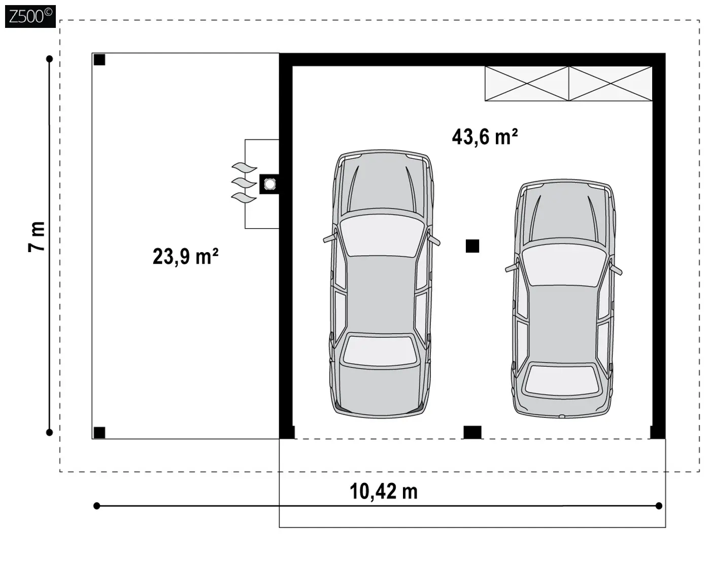 Готовый проект гаража Zg24 - Стильный проект гаража, для двух авто с террасой расположенной слева. 