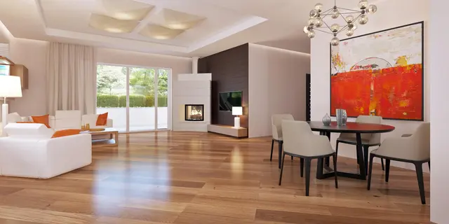 готовый проект дома Z35 – дизайн интерьера, Проект одноэтажного дома с просторной гостиной и гаражом на две машины.