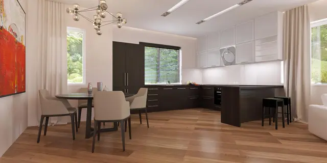 готовый проект дома Z35 – дизайн интерьера, Проект одноэтажного дома с просторной гостиной и гаражом на две машины.