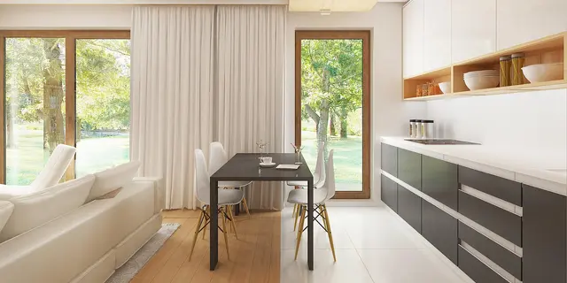 готовий проект будинку Z38 - дизайн інтер'єру, Поздовжній будинок з високою аттиковою стіною виправдає себе на вузькій ділянці.