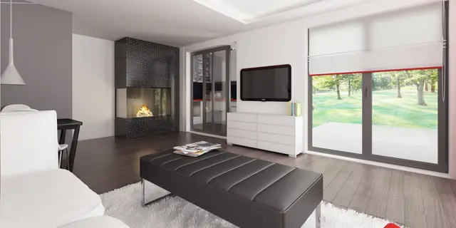 готовий проект будинку Zx117 - дизайн інтер'єру, Сучасний одноповерховий будинок у стилі хай-тек з навісом для автомобіля.