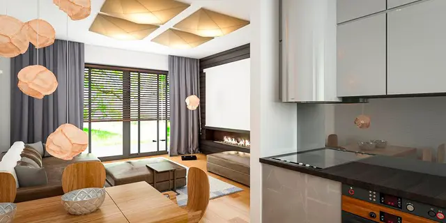 готовый проект дома Z428 – дизайн интерьера, Современный одноэтажный дом с гаражом на одну машину, расположенным с левой стороны здания.