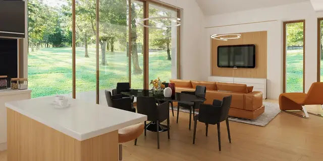 готовый проект дома Z386 v1 – дизайн интерьера, Проект компактного лаконичного одноэтажного дома в стиле барнхаус.