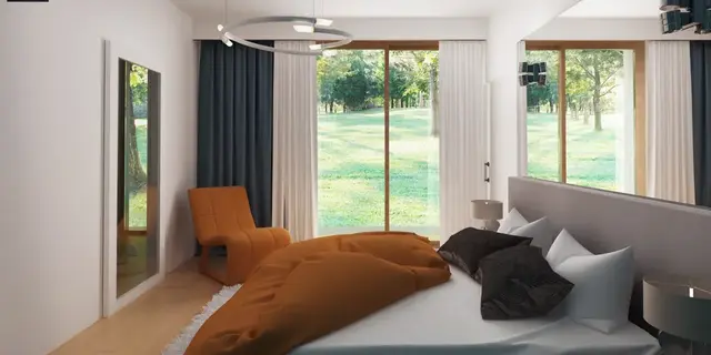 готовый проект дома Z386 v1 – дизайн интерьера, Проект компактного лаконичного одноэтажного дома в стиле барнхаус.