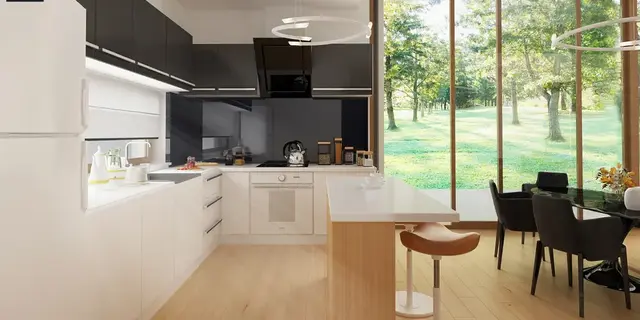 готовый проект дома Z386 v1 – дизайн интерьера, Проект компактного лаконичного одноэтажного дома в стиле барнхаус.