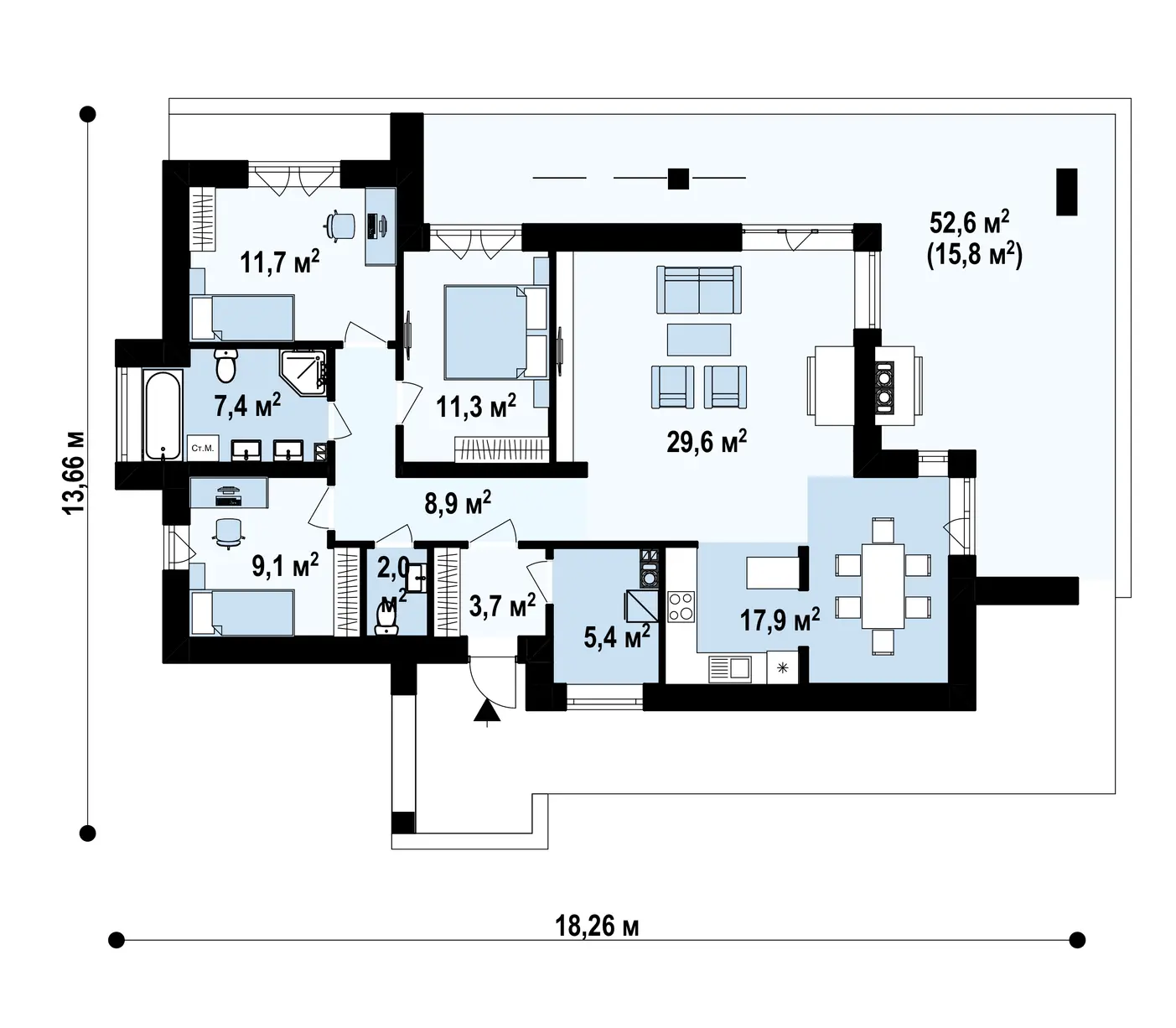 1-ий поверх 107,0 / 122,8m²