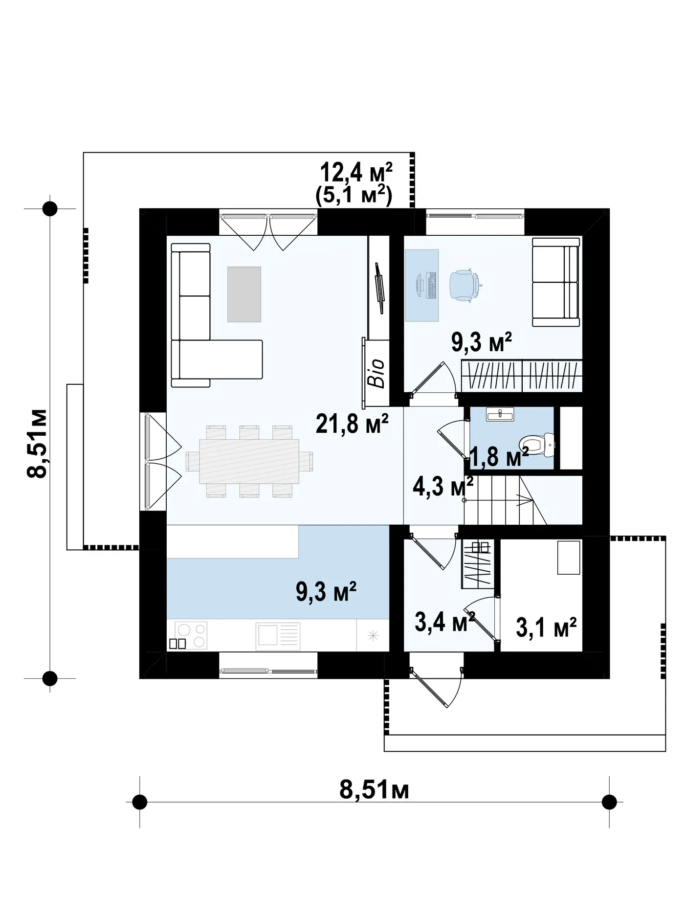 1-ий поверх 53,0 / 58,1m²