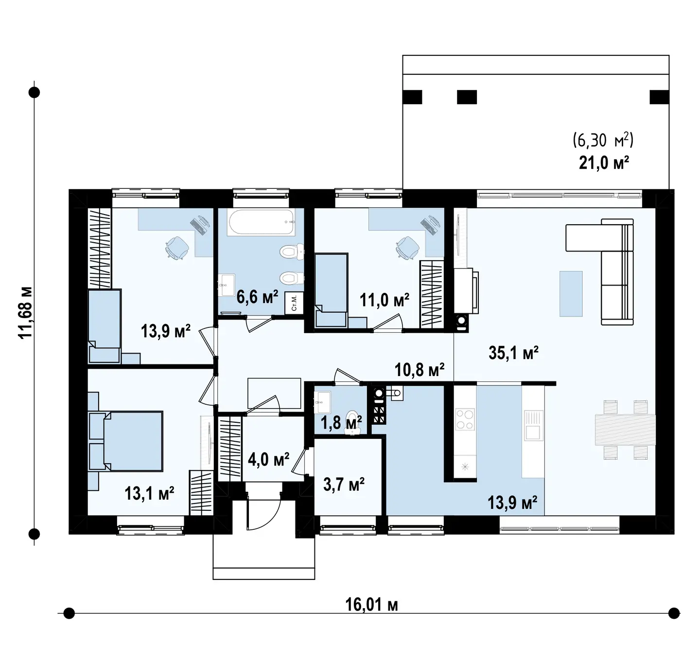 1-ий поверх 113,9 / 120,2m²