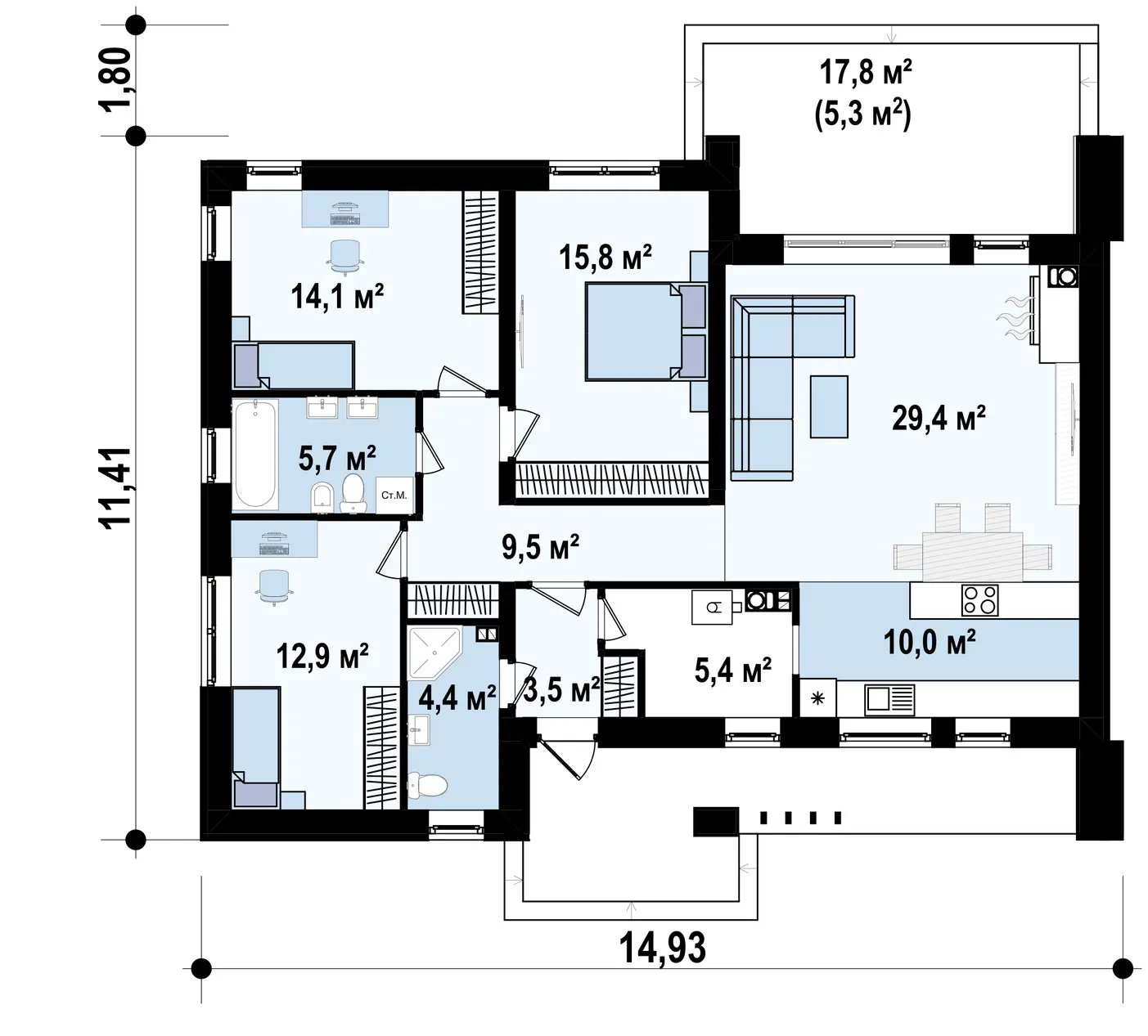 1-ий поверх 110,7 / 116,0m²