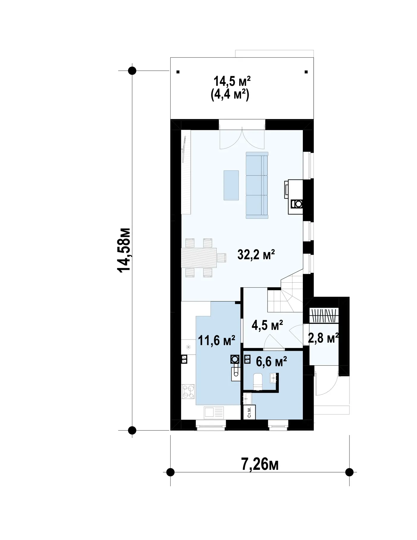 1-ий поверх 57,7 / 62,1m²