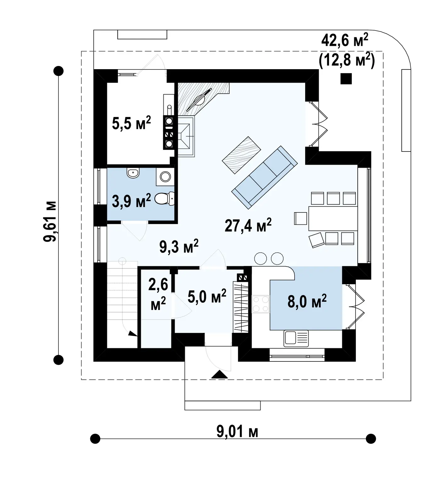 1-ий поверх 61,7 / 74,5m²