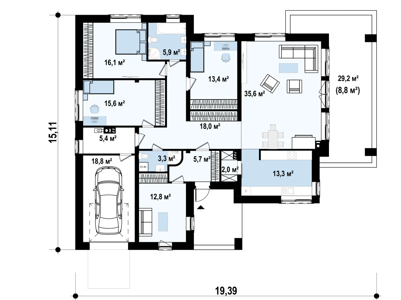 1-ий поверх 165,9 / 174,7m²