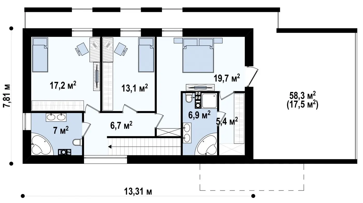 2-ий поверх 76,0 / 93,5m²