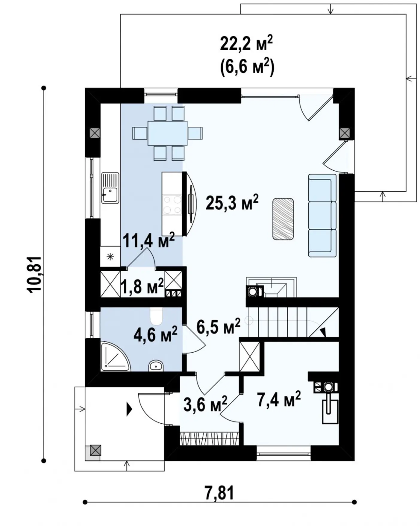 1-ий поверх 60,6 / 67,2m²