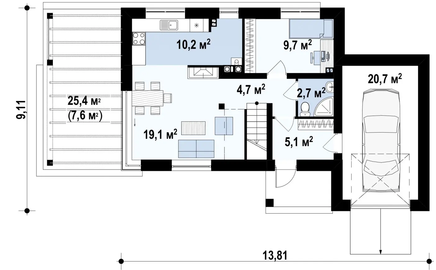 1-ий поверх 72,2 / 79,8m²