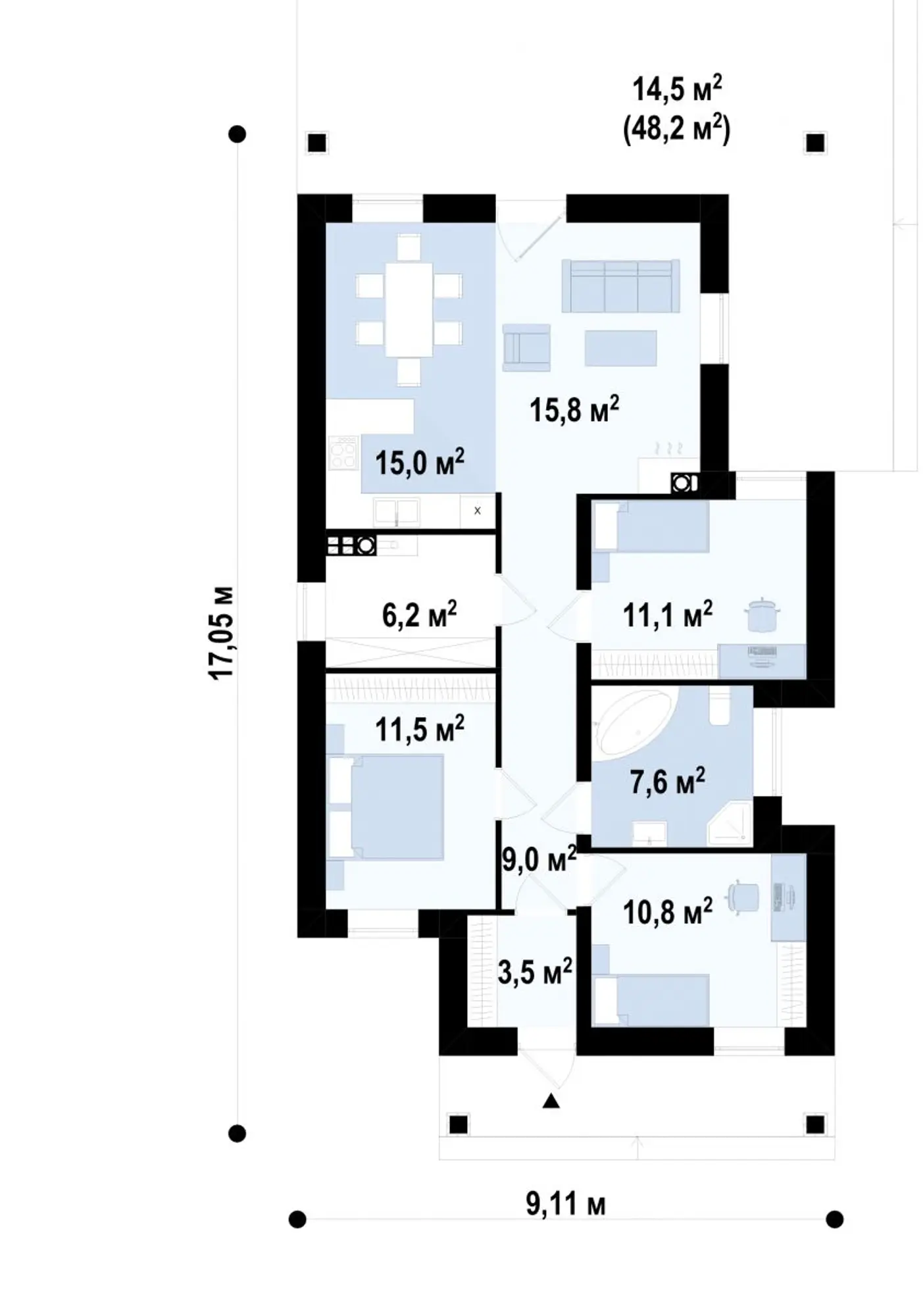 1-ий поверх 90,5 / 105,0m²