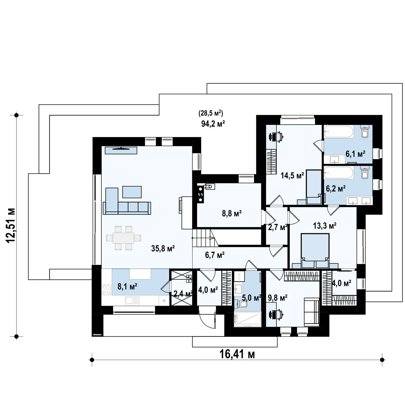 1-ий поверх 127,4 / 155,9m²