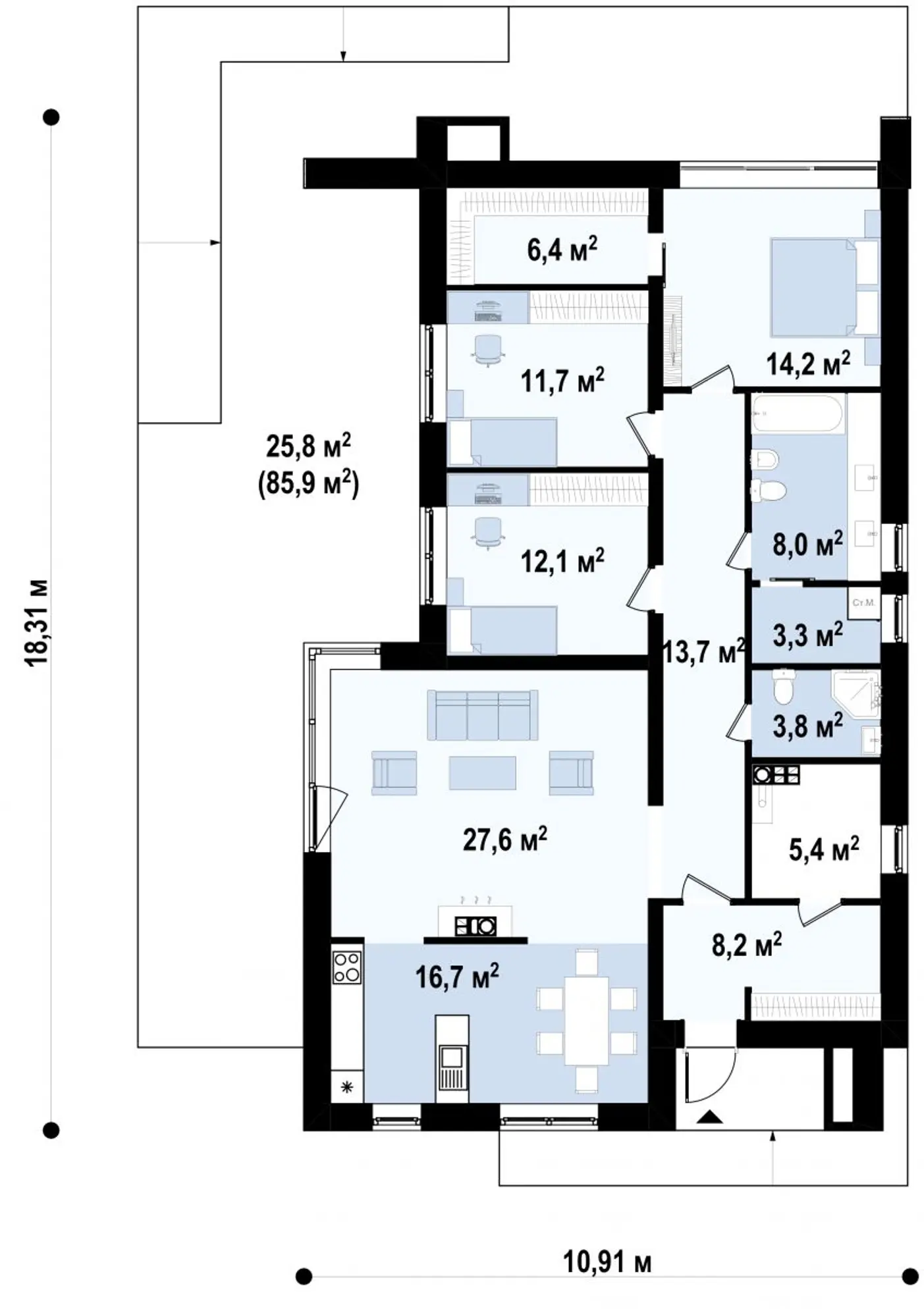 1-ий поверх 131,1 / 156,9m²