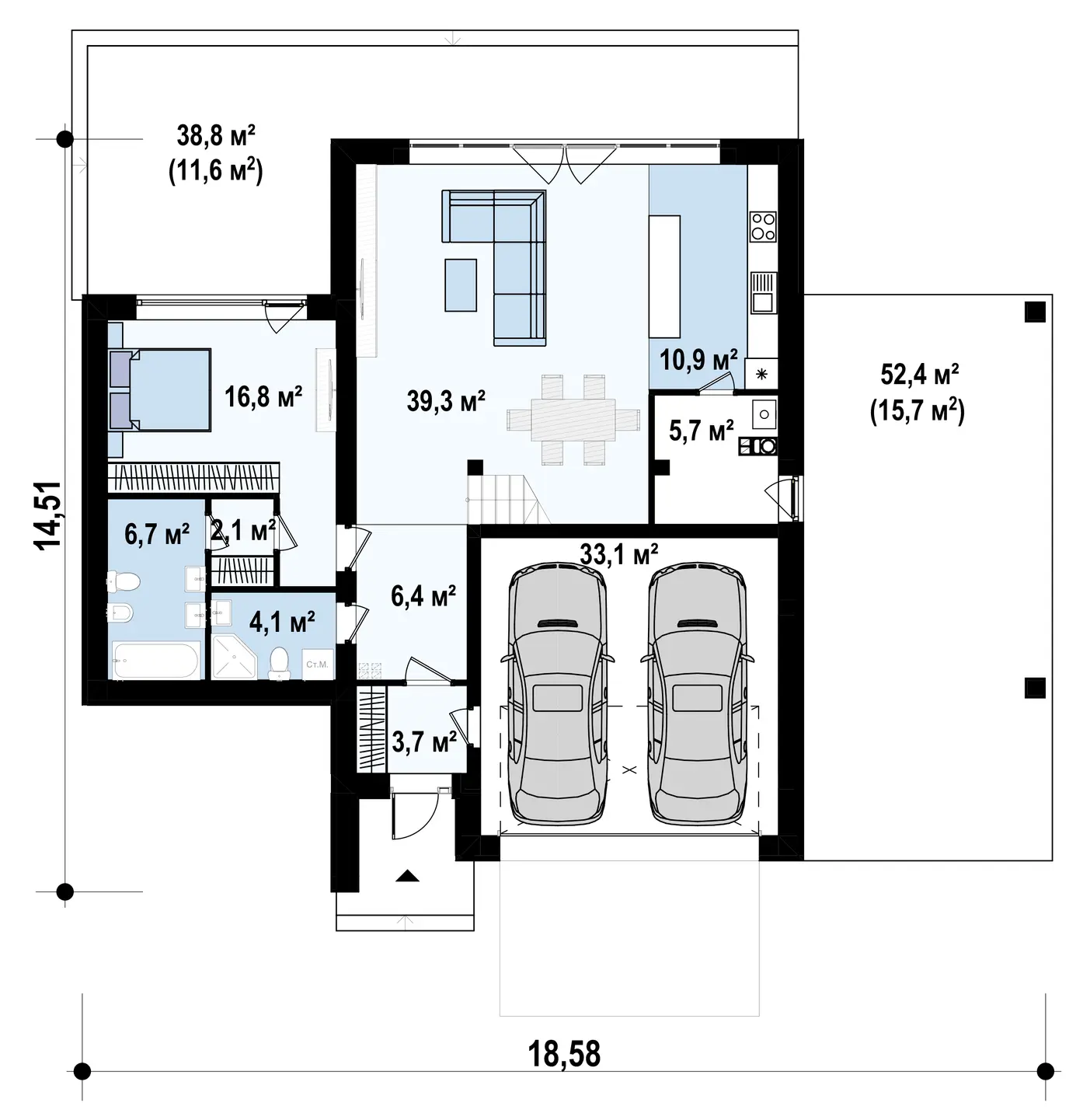 1-ий поверх 128,8 / 156,1m²