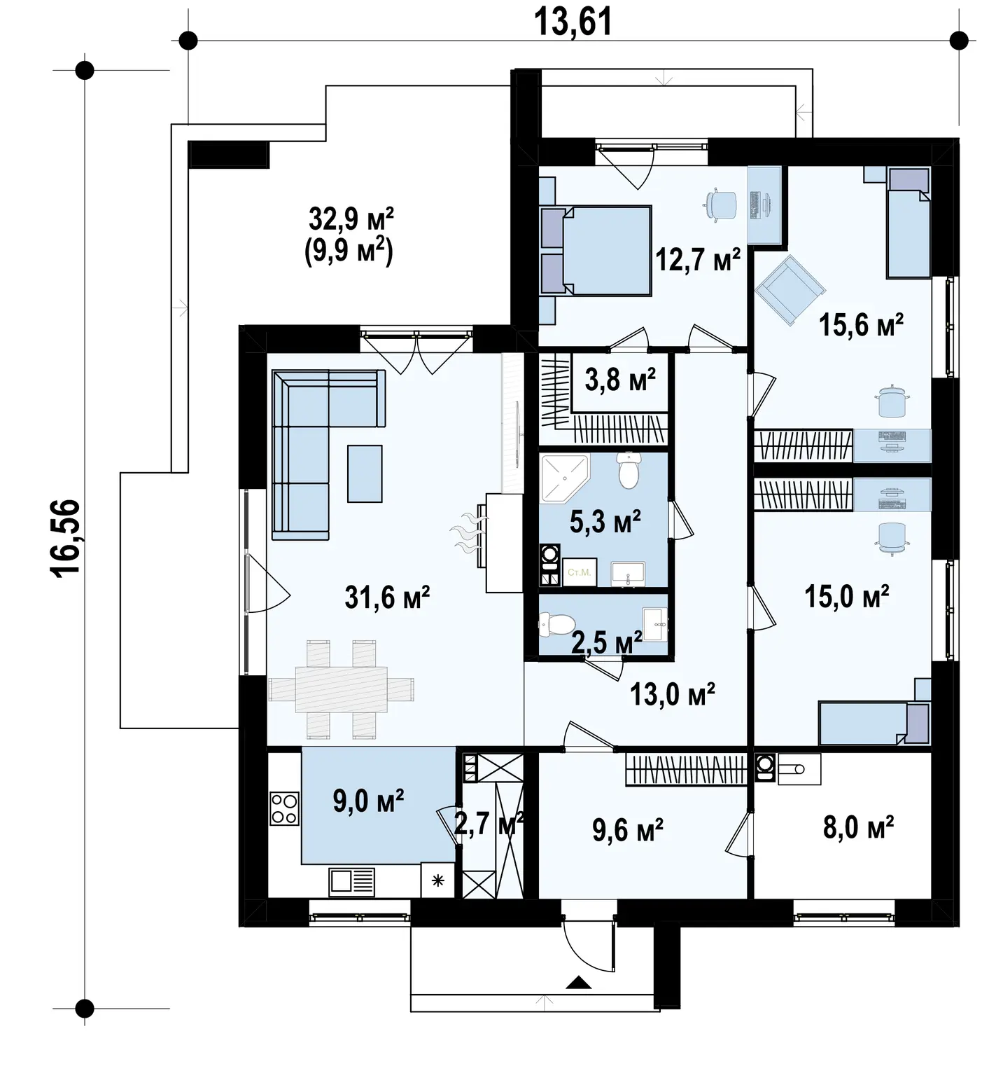 1-ий поверх 128,8 / 138,7m²