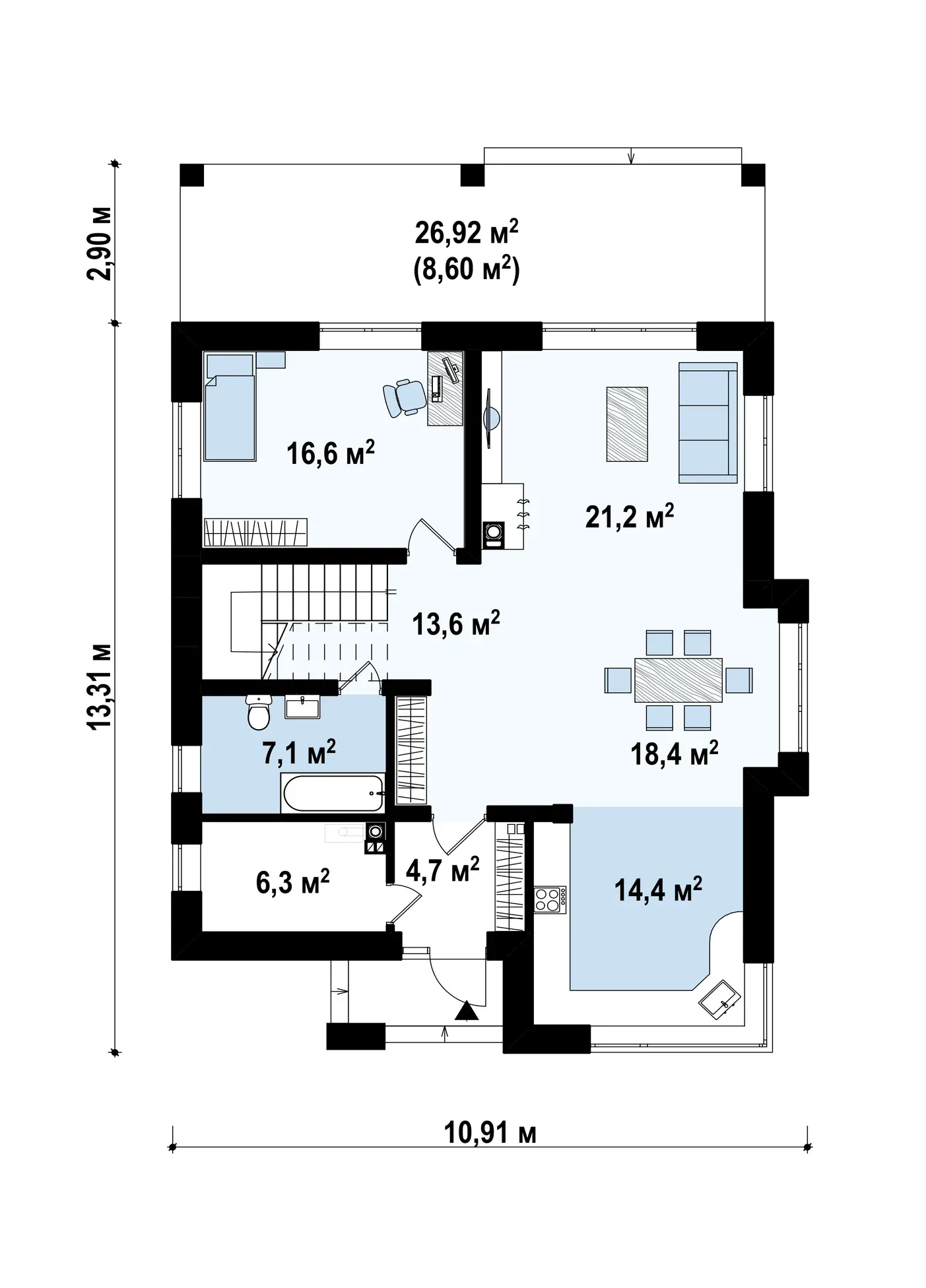 1-ий поверх 102,3 / 110,9m²