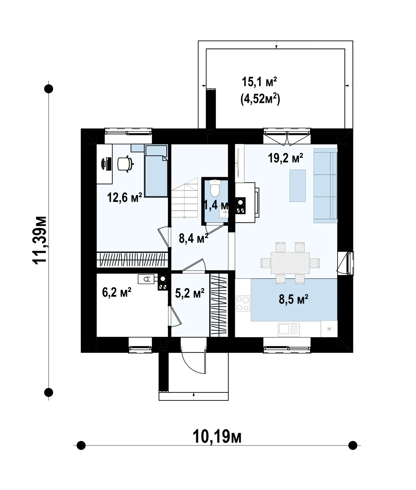 1-ий поверх 61,5 / 66,0m²