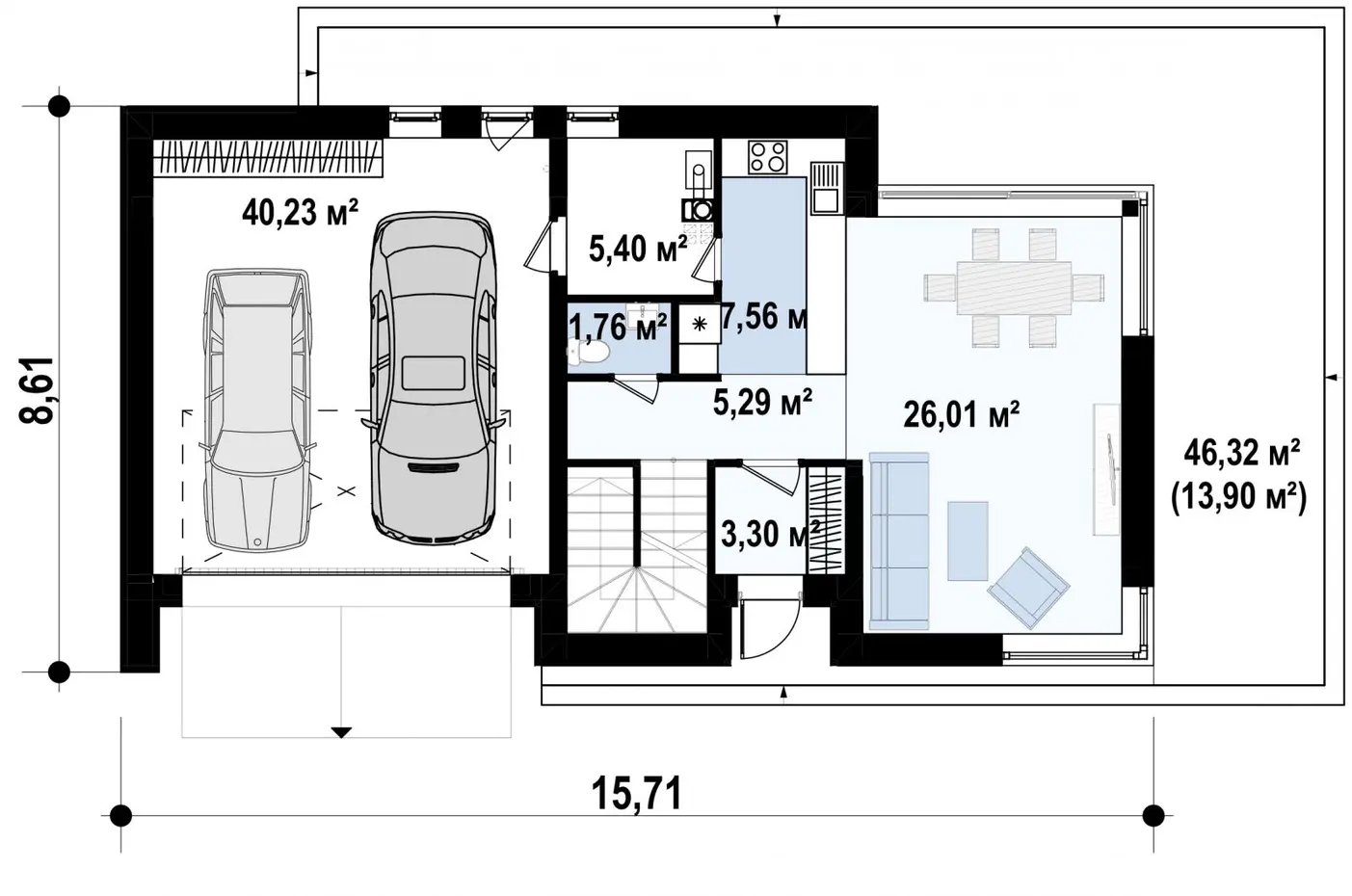 1-ий поверх 89,8 / 103,7m²