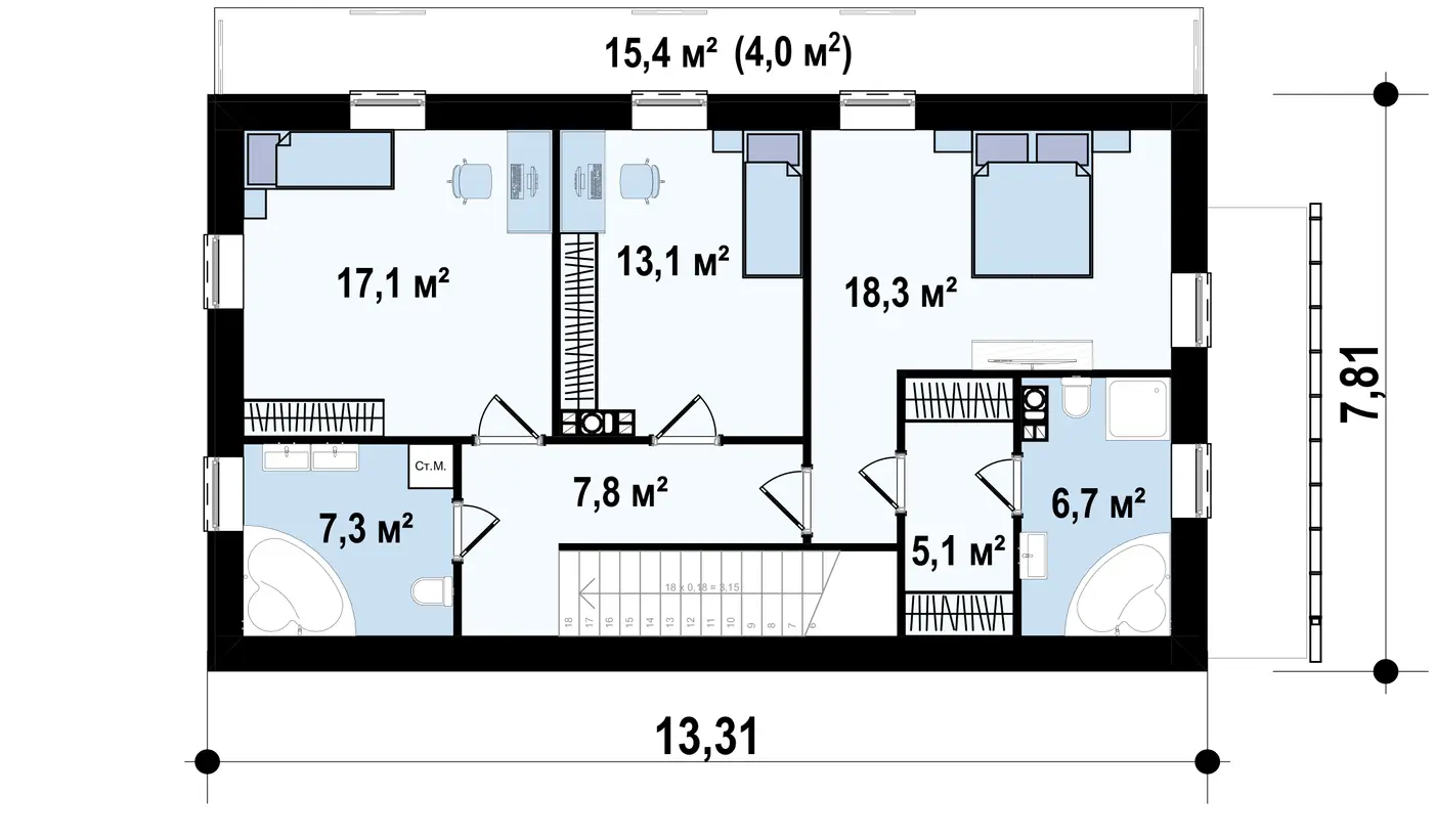 2-ий поверх 75,4 / 79,4m²