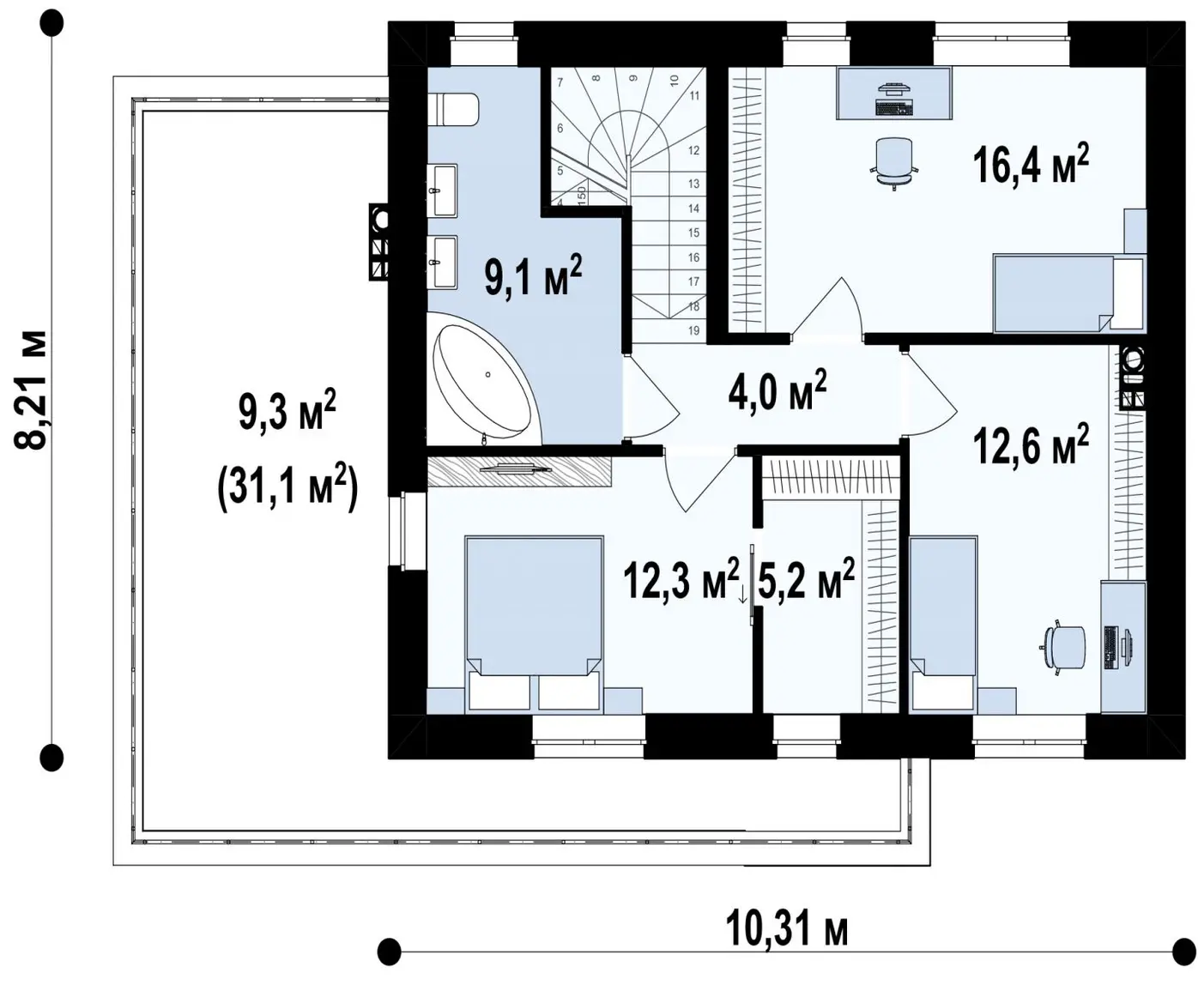 2-ий поверх 59,6 / 68,9m²