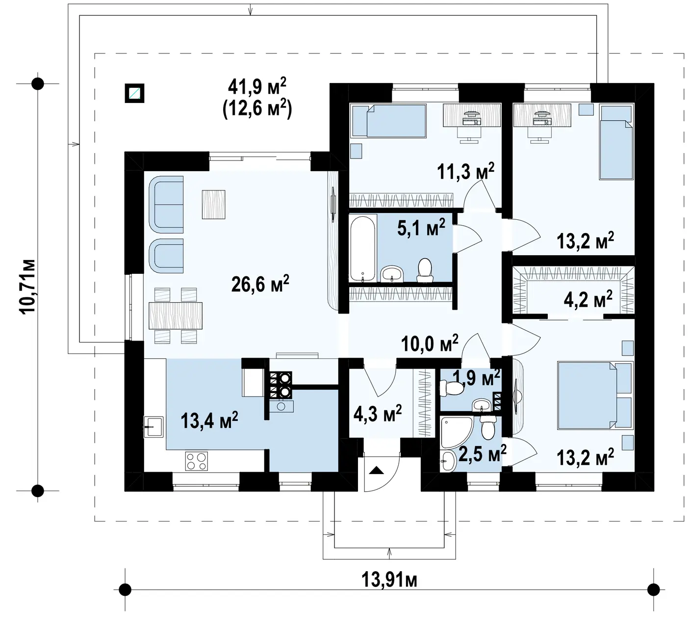 1-ий поверх 105,7 / 118,3m²