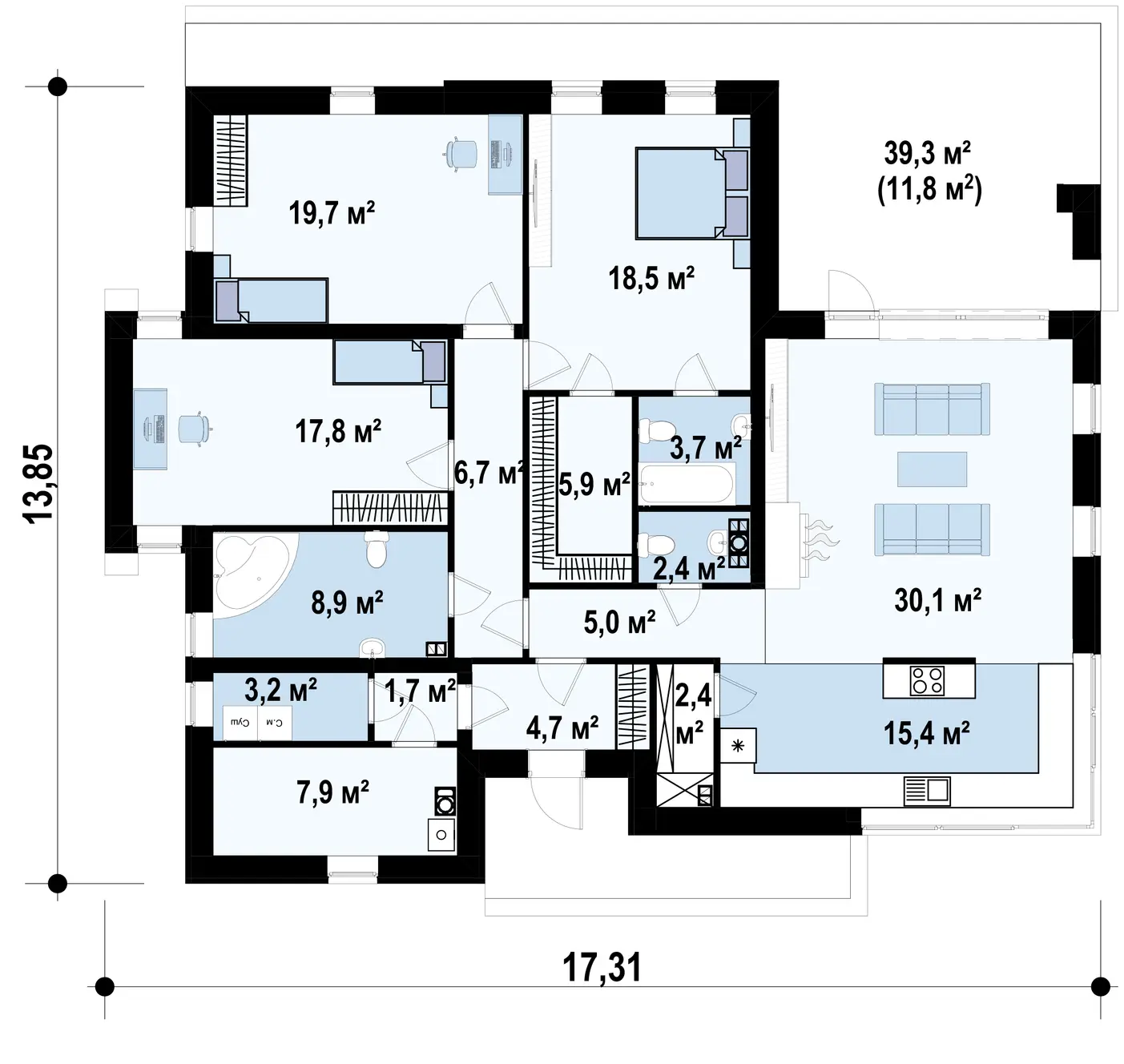 1-ий поверх 154,0 / 165,8m²