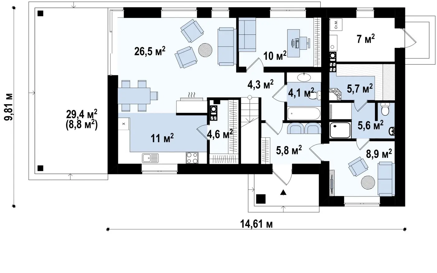 1-ий поверх 93,5 / 102,3m²