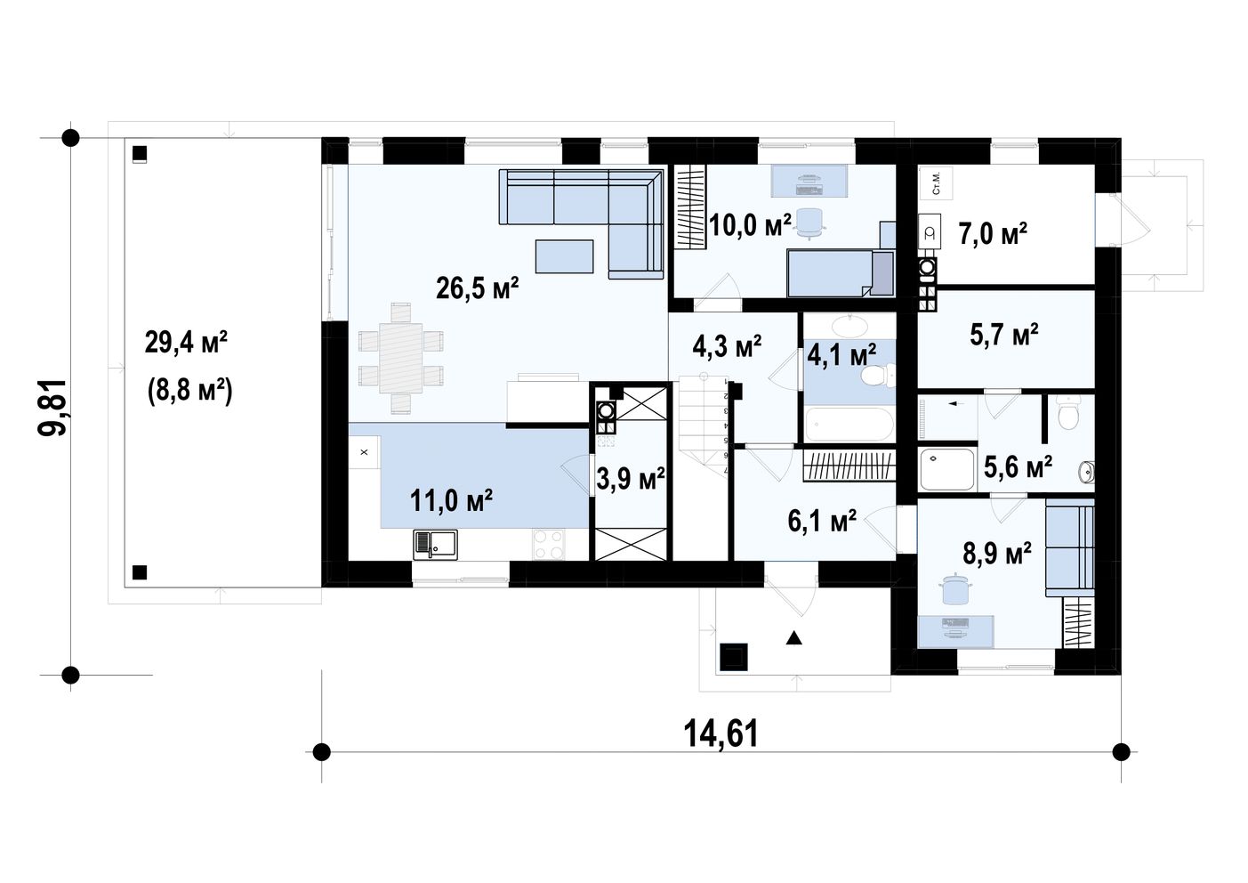 1-ий поверх 93,1 / 101,9m²